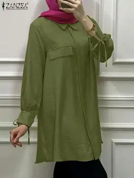 2023 ZANZEA Женщины Мусульманские однотонные топы Блузка с длинным рукавом Турция Абая Осенняя модная рубашка Повседневная Однотонная Свободная Blusas Лацкан Кафтан
