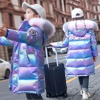 2023 Зимние девочки Красочная меховая длинная куртка с капюшоном Детские дети Толстое теплое пальто Верхняя одежда