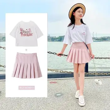 2023 лето ребенок одежда для девочек подросток розовый кролик футболка + шорты горячая плиссированная юбка JK Малыш