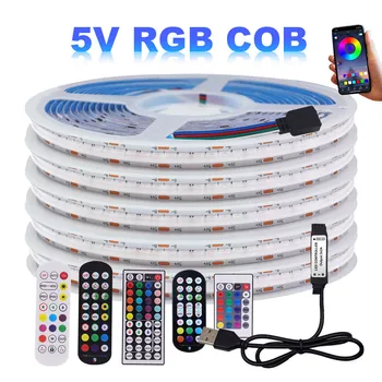 5 В USB RGB COB Светодиодная лента Bluetooth-совместимый пульт дистанционного управления Гибкая лента 576LEDs Линейное освещение высокой плотности для дома