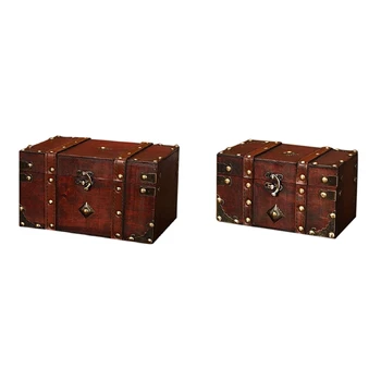 ABHU 2 шт. Ретро Сундук с сокровищами Винтажная деревянная коробка для хранения Античный стиль Ювелирный органайзер Большой и маленький