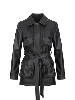 Ailegogo Новая весенняя женская куртка из искусственной кожи Slim Fit Pu с ремнем Streetwear Женская мотоциклистская карманная верхняя одежда с лацканом пальто