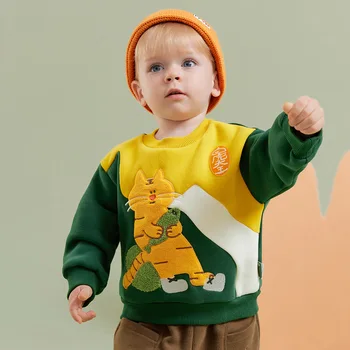 Amila Baby Boy Толстовка с капюшоном 2023 Зима Новый Многоцветный Круглый Шея Флисинг Мягкая Мода Теплая Эластичная Детская Одежда