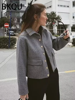 BKQU 2023 Элегантный односпальный пиджак пальто Женская мода с длинным рукавом Карманы Винтаж Лацкан Короткие пальто Уличная женская верхняя одежда