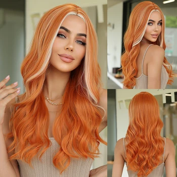 CRAFTOURIST Рыжие парики для женщин Длинные натуральные волнистые оранжевые парики с белым бликом Синтетический термостойкий волокнистый парик