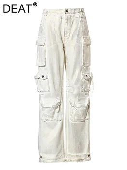 DEAT Женские джинсовые брюки с несколькими карманами Лакокрасочное пальто Полная длина Свободные прямые джинсы-карго 2024 Весна Новая мода 7AB3201
