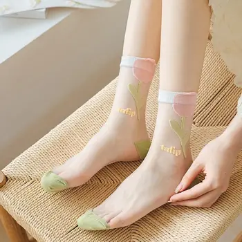 Foot Ультратонкий впитывающий пот Летние носки Harajuku Flower Носки Хрустальный Шелк Дышащий Эластичный Длинные Носки Стекло Шелк
