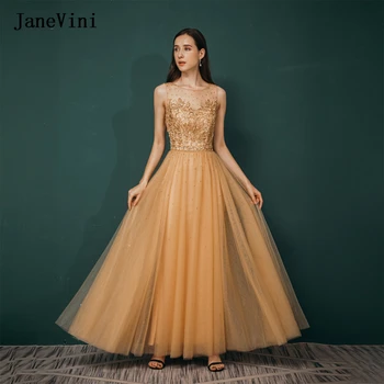 JaneVini 2022 Роскошные золотые макси-выпускные платья для женщин с ошейным вырезом с пайетками из бисера A Line Тюль Длинное платье для вечеринки Vestido de Noche