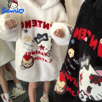 Kawaii Sanrio Hello Kitty Stuff Sherpa Top Girly Аниме Утолщенный теплый пуловер с капюшоном Женская осенне-зимняя свободная флисовая куртка