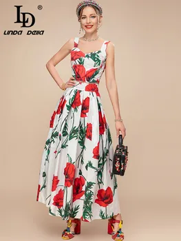 LD LINDA DELLA 2023 Новая летняя хлопковая юбка с принтом 2 шт. Набор из 2 предметов Женский короткий жилет с ремешком на спагетти + цветочный праздничный костюм миди