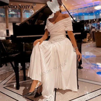 LINDO NOIVA Ivory A Line Короткие Вечерние Платья Элегантные С Открытыми Плечами Плиссированные Чайная Длина Выпускное Платье Женщины Vestidos De Fiesta