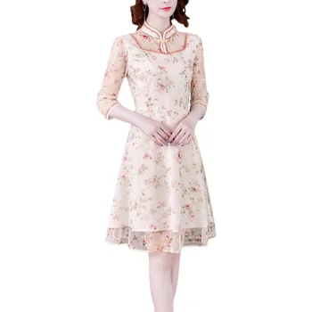 LUKAXSIKAX 2021 Новое женское платье весна-лето высокое качество сетчатые цветы вышивка винтаж улучшенное платье Cheongsam