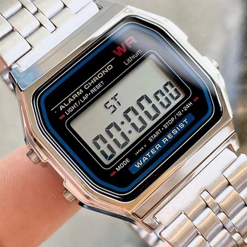Luxury F91W Женские часы Девушки Ретро Цифровые Нержавеющая Сталь Спортивные Военные Часы Мужчины Электронные Наручные Часы