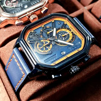MEGIR Модные кварцевые часы Мужчины Военные Спорт Хронограф Аналоговые кварцевые наручные часы с квадратным циферблатом Синий оранжевый ремешок Дата 8106