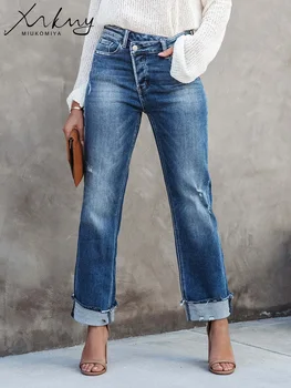 MiuKoMiYa Женские джинсы Сломанные джинсовые брюки с высокой талией рваные узкие синие прямые джинсы с подтягиванием повседневные свободные джинсы для женщин