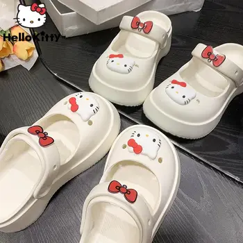 Sanrio Hello Kitty Сандалии Платформа Hole Обувь Женская мода Мультфильм Декор Тапочки с круглым носком Y2k Девочки Симпатичные сандалии на высоком каблуке