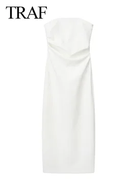 TRAF Новые Женщины Мода Белый Корсет Платье Женщина С Открытыми Плечами Облегающее Платье Лето Рюши Лето Без Бретелек Длинные Вечерние Платья Для Вечеринок