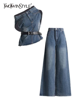 TWOTWINSTYLE Джинсовые комплекты из двух частей для женщин Нестандартные топы с разрезом шеи Высокая талия Раздельные джинсы Летний комплект Женская модная одежда