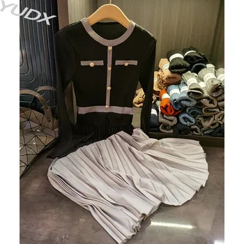 YUDX Miyake Высококачественное плиссированное платье с круглым вырезом и длинным рукавом 2023 Ранняя осень Новая тонкая женская складчатая юбка средней длины