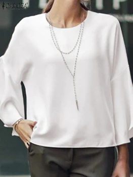 ZANZEA 2023 Осень Однотонная Сорочка Женщины Блузка с расклешенными рукавами Повседневная свободная топы с круглым вырезом Туника Мода Корейские рубашки с качелями
