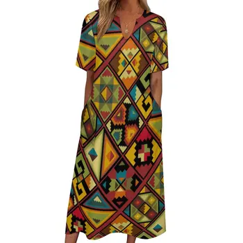Африканский стиль Платье Красочная геометрия Модное макси-платье Уличная мода Повседневные длинные платья V-образный вырез Графика Оверсайз Vestidos