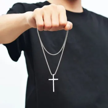 Базовое мужское ожерелье с крестом, серебристый цвет из нержавеющей стали с цепочкой с простым крестом кулон ювелирные изделия