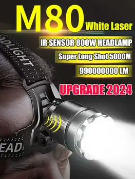 Белый лазер 80 Вт Индукционная фара Мощный датчик Фара Налобный фонарик Zoom XHP70 Фара TYPE-C Перезаряжаемый рыболовный фонарь