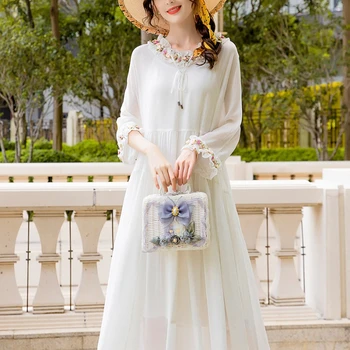 Высококачественное 100% шелковое платье на талии Весна-лето Свободные белые платья Женская одежда Элегантные женские платья 23 Vestido Mujer