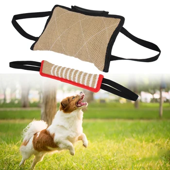 Жевательная игрушка для собак Палочка для укуса собаки Конопляная ткань Прочная подушка для дрессировки собак с 2 веревочными ручками 