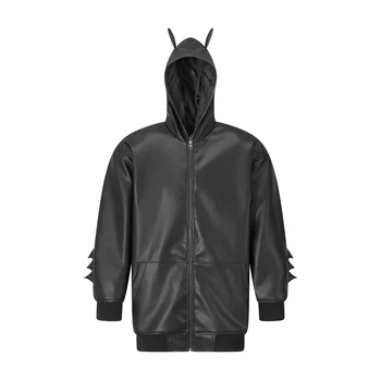 Женская куртка из искусственной кожи Рог дьявола Однотонная мотоциклетная куртка с капюшоном с длинным рукавом PU Кожа Байкерское пальто Верхняя одежда