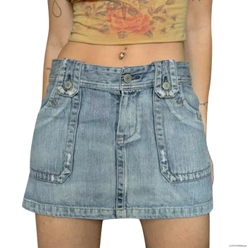 Женская летняя джинсовая юбка Ретро однотонная повседневная мини-юбка А-силуэта для клубных пляжей, праздников, уличной одежды