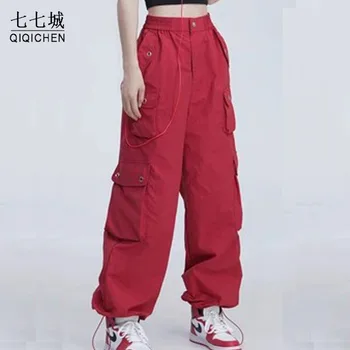 Женские брюки-карго нейлоновые быстросохнущие брюки с большим карманом прямые широкие штанины хип-хоп повседневные брюки оверсайз уличная одежда лето