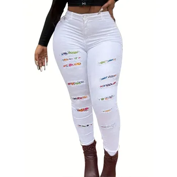 Женские джинсы больших размеров в уличном стиле, джинсы скинни Колорблок с рваными пуговицами и высокой растяжкой