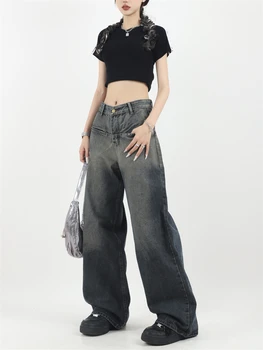 Женские потертые винтажные прямые джинсы лето новые уличные брюки в стиле унисекс женские джинсовые брюки с высокой талией и широкими штанинами