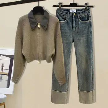 Женский костюм весна-осень 2023 Новый корейский ретро-модный кардиган-свитер на молнии Узкие джинсы с высокой талией Набор из двух частей Тенденция