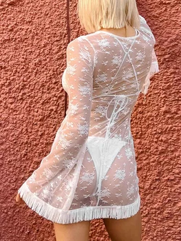 Женское летнее прозрачное коктейльное платье Белое платье с длинным рукавом и кисточкой Декор Мини-кружевные платья
