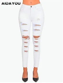 Женщины Рваные узкие джинсовые леггинсы средней посадки Потертые эластичные джинсы Джинсы Slimny Fit Эластичная ткань Повседневный комфорт