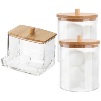 Коробка для хранения ватных тампонов Дозатор ватных шариков / тампонов Ящик для хранения банок с бамбуковой крышкой Контейнер для ванной комнаты