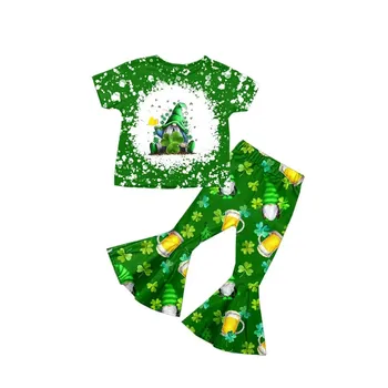 Костюм для девочек в бутике, модный детский костюм, зеленый счастливый детский костюм оптом 4-листный клевер, расклешенные низы