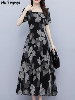 летнее черное шифоновое платье с коротким рукавом с цветочным принтом Женское элегантное повседневное пляжное длинное платье в стиле бохо 2023 корейское облегающее платье для вечеринок