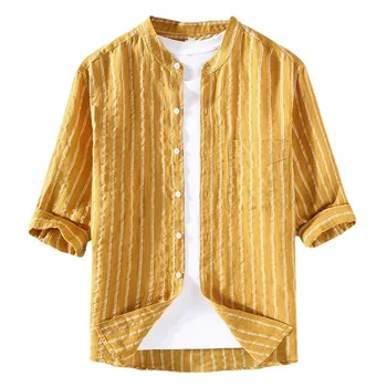 Летние дышащие мужские полосатые льняные рубашки с воротником-стойкой Блузки с рукавом три четверти Пляжный стиль Красивые топы