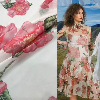 Летние новинки Европейские и американские нишевые бренды шифон белый низ красный цветок персиковая юбка мода ткань в праздничном стиле