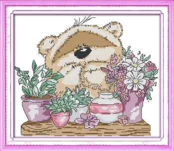 Маленький медвежонок наслаждается цветами набор для вышивки крестиком 14ct 11ct count print canvas stitchs вышивка DIY рукоделие плюс