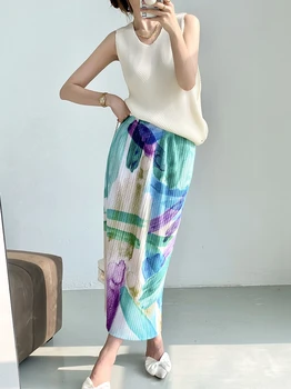 Мияке Плиссировки 2024 Новая летняя дизайнерская одежда Женская эстетическая юбка с масляной росписью и принтом Длинная прямая юбка в корейском стиле