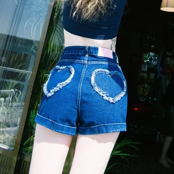 Модные женские джинсовые шорты с высокой талией Узкие женские джинсовые шорты Кисточка в форме сердца Разорванные новые летние сексуальные шорты женские 2021