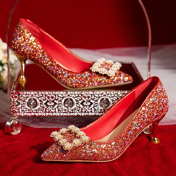 Новые женские туфли Xiuhe на свадебных каблуках Одинарные туфли с пайетками Банкет Прогулка на свежем воздухе