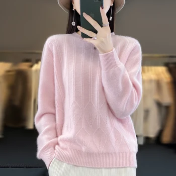 Новый свитер с круглым вырезом 100% чистая шерсть Женская одежда Топ Slim Fit Мода Однотонная нижняя рубашка Осень и зима V-образным вырезом