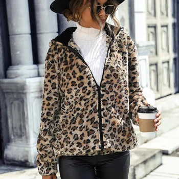 Осеннее и зимнее женское двустороннее бархатное свободное повседневное пальто с капюшоном и длинными рукавами с леопардовым принтом