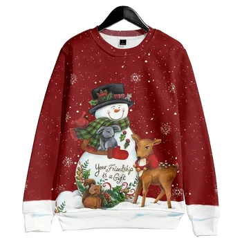 Осенние рождественские толстовки с круглым вырезом Женщина Пуловеры с длинным рукавом Красный снеговик Принт Топ