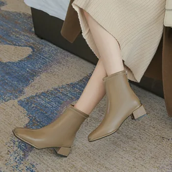 Осень Новые женские ботильоны с квадратным носком на молнии сзади 2023 Модные ботинки челси на массивном каблуке для женщин Платье Женская обувь на каблуке